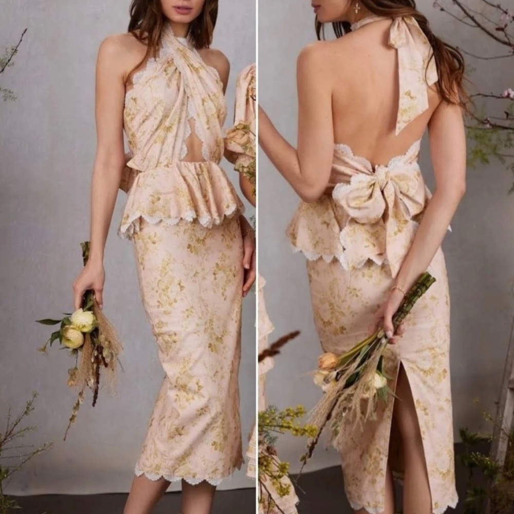BHLDN  NWT  V.Chapman Gold and Pink Asymmetrical Peplum Halter Dress